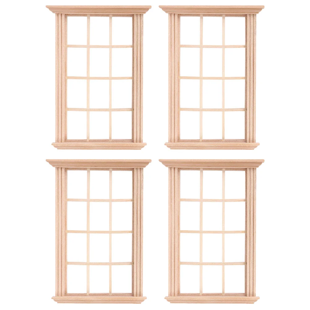 4 Pcs Dollhouse Window Perfect Bedroom Accessories Mini Ornament Model Frame Miniatures Furniture Wooden Adornment Decoration