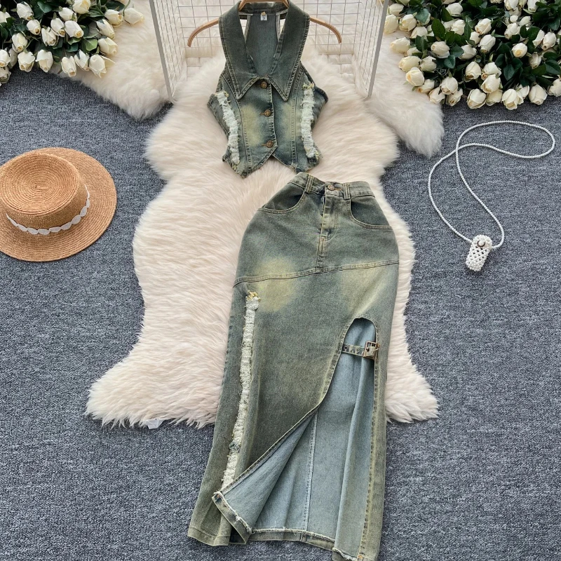 

Summer American Denim Top Two-piece Split Slim Skirt Retro Sexy Hanging Neck Sleeveless Lapel Fringed Elegant Denim Suit Skirt