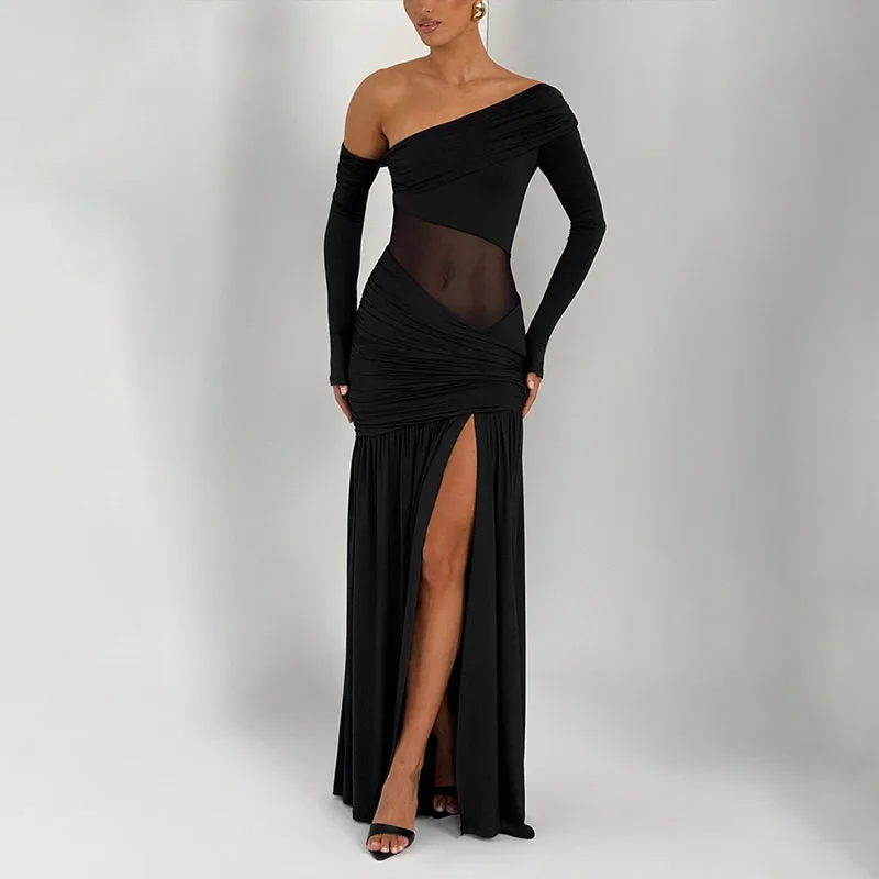 ZHIO Neues Kleid mit schrägem Kragen und langen Ärmeln, sexy schulterfreies Maxikleid mit seitlichem Schlitz, elegantes rückenfreies enges langes Clubkleid für Damen – Detail 9