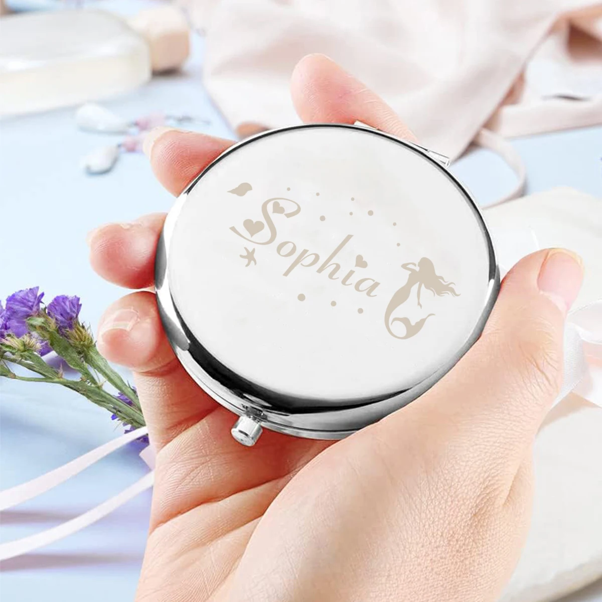1pc Colorful Mermaids and marine creatures Customized Name Mirror With Name Round Circle Mirror Folding Mirror Makeup Mirror