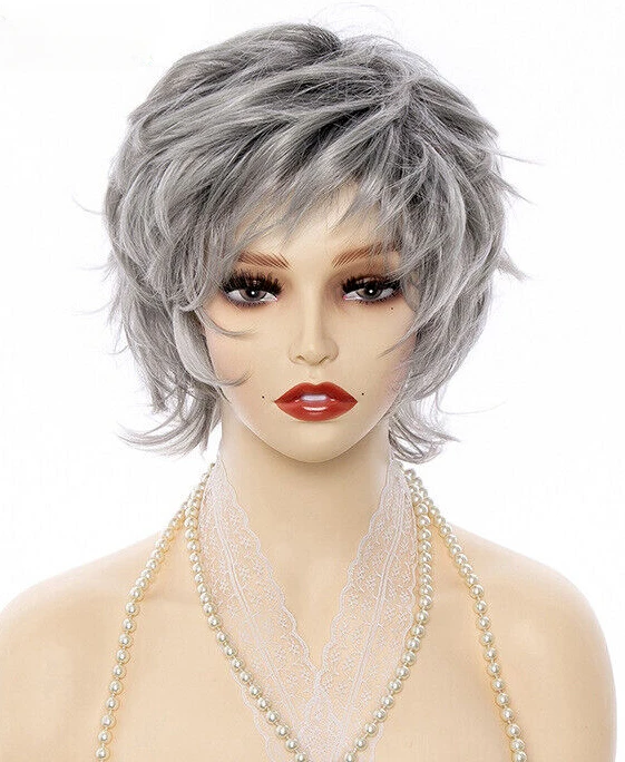 Fashion Grey  Short Layered Hair Puffy  Natural Wig Perruque