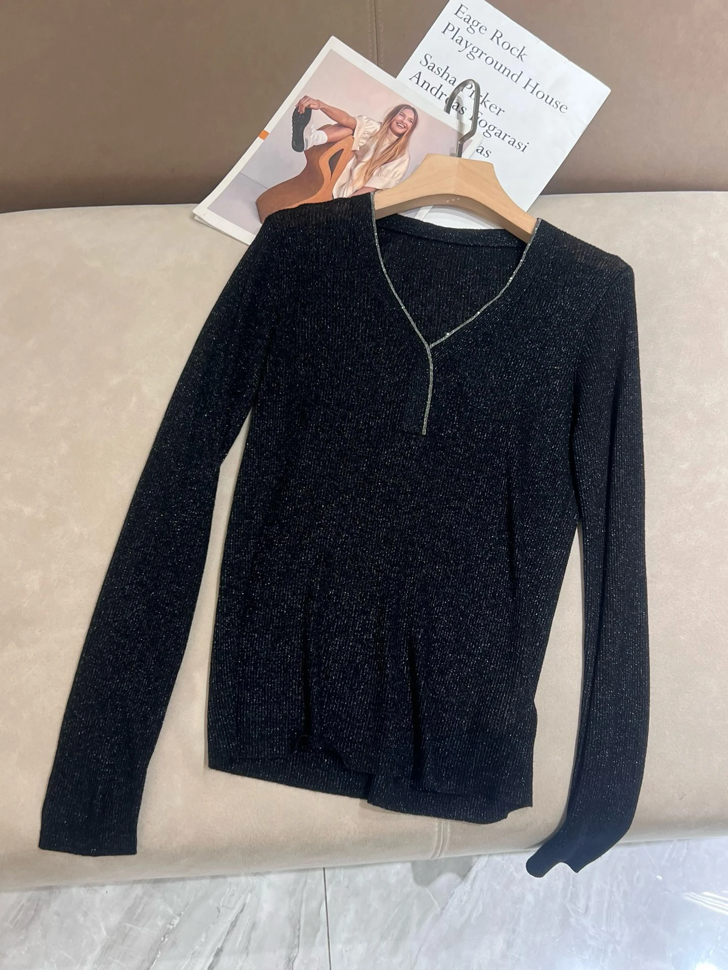 High elastic sparkling silk pit stripe V-neck wool long sleeved knitted base sweater