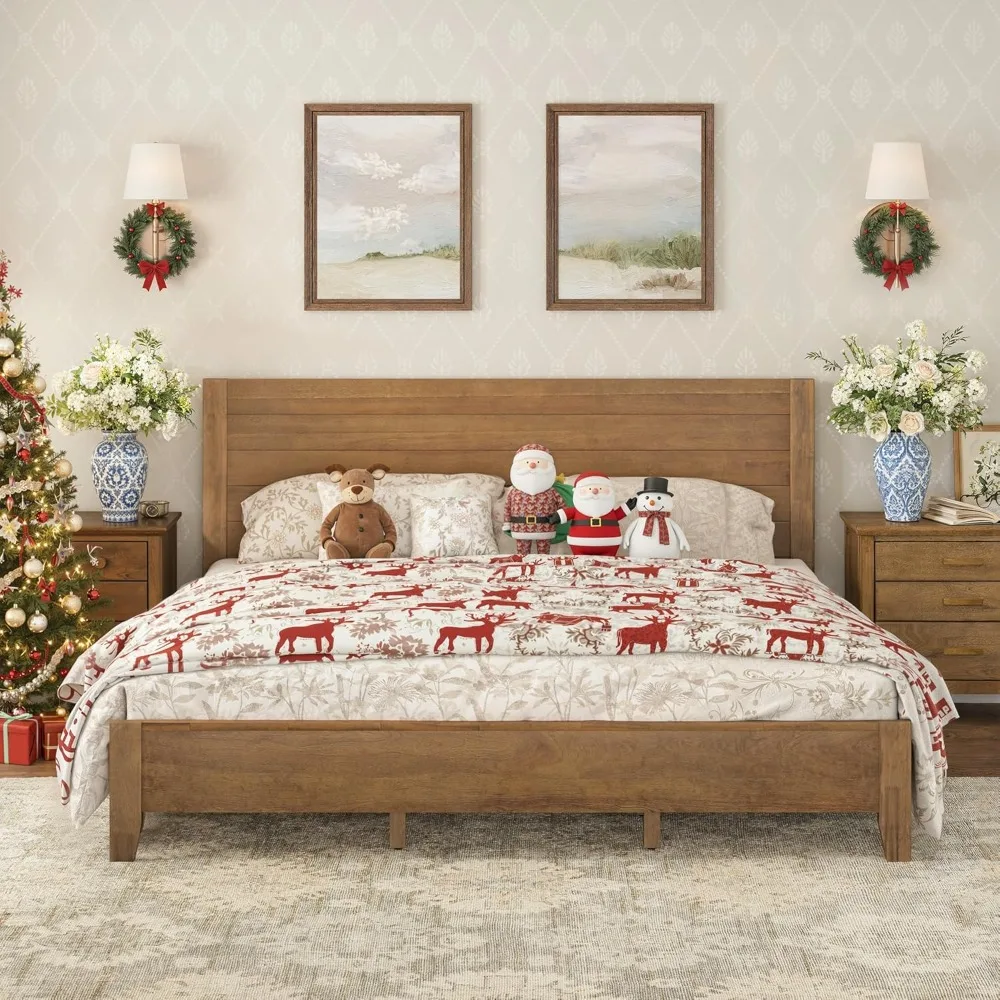 Wood Platform Bed Frame King Size with Headboard, Acacia Wood, No Box Spring Needed, Easy Assembly, Dark Wood