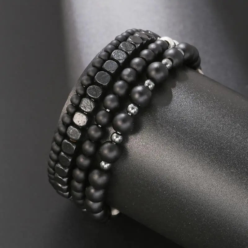 4 Stück schwarze Gallenstein-Vulkanstein-Holzperlen, mehrschichtiges elastisches Kombinationsarmband für Männer, stapelbarer Schmuck für Paare und Freunde, Geschenk. – Detail 5
