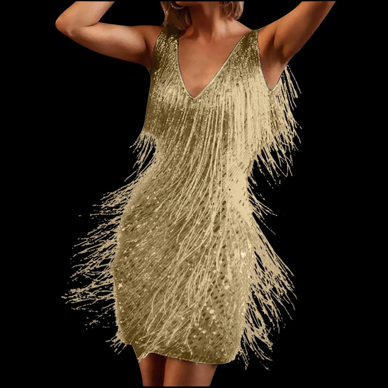 

2024 Tassel Dress Deep V-Neck Sleeveless Backless Hip Wrap Summer Dress Sexy Women Fringed Sequin Stitching Mini Pencil Dress