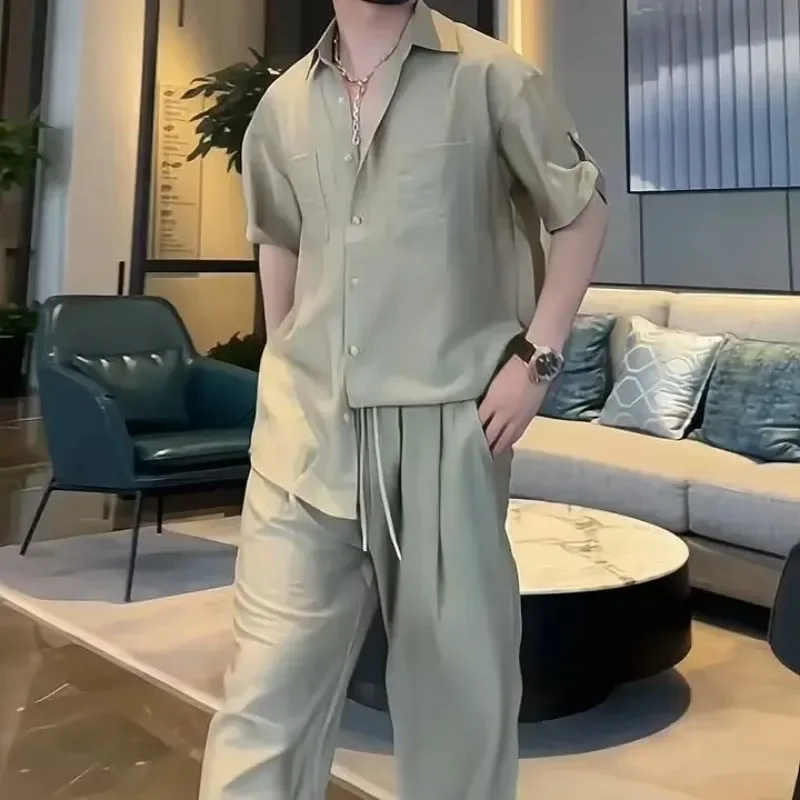 Camisetas lisas, pantalones, trajes para hombres, nailon, ajuste Regular, tendencia 2025, conjunto de dos piezas, estilo coreano, novedad holgada en conjuntos de pantalones para hombre