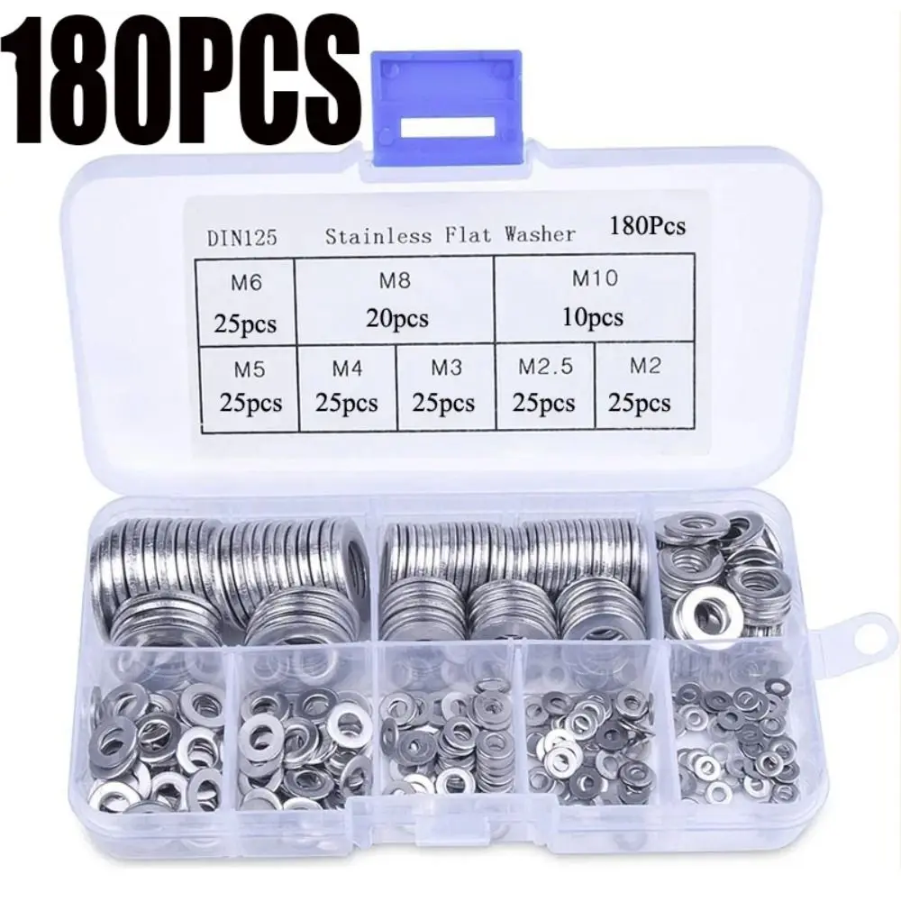 

180pcs M2 M2.5 M3 M4 M5 M6 M8 M10 Flat Washer Plain Stainless Steel with Storage Box Gasket Rings Assortment Kit Washer Flat