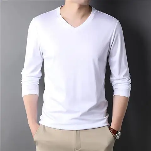 Camisola Henley de manga longa masculina, camiseta masculina com decote em v, camiseta estilo coreano, roupa masculina elegante, primavera e outono, 2023