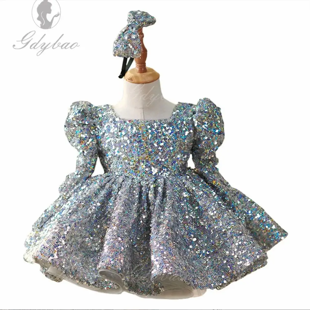 فستان بناتي مزين بالترتر الفضي بأكمام طويلة منتفخ مناسب لحفلات أعياد الميلاد وحفلات الزفاف والمناسبات الأخرى