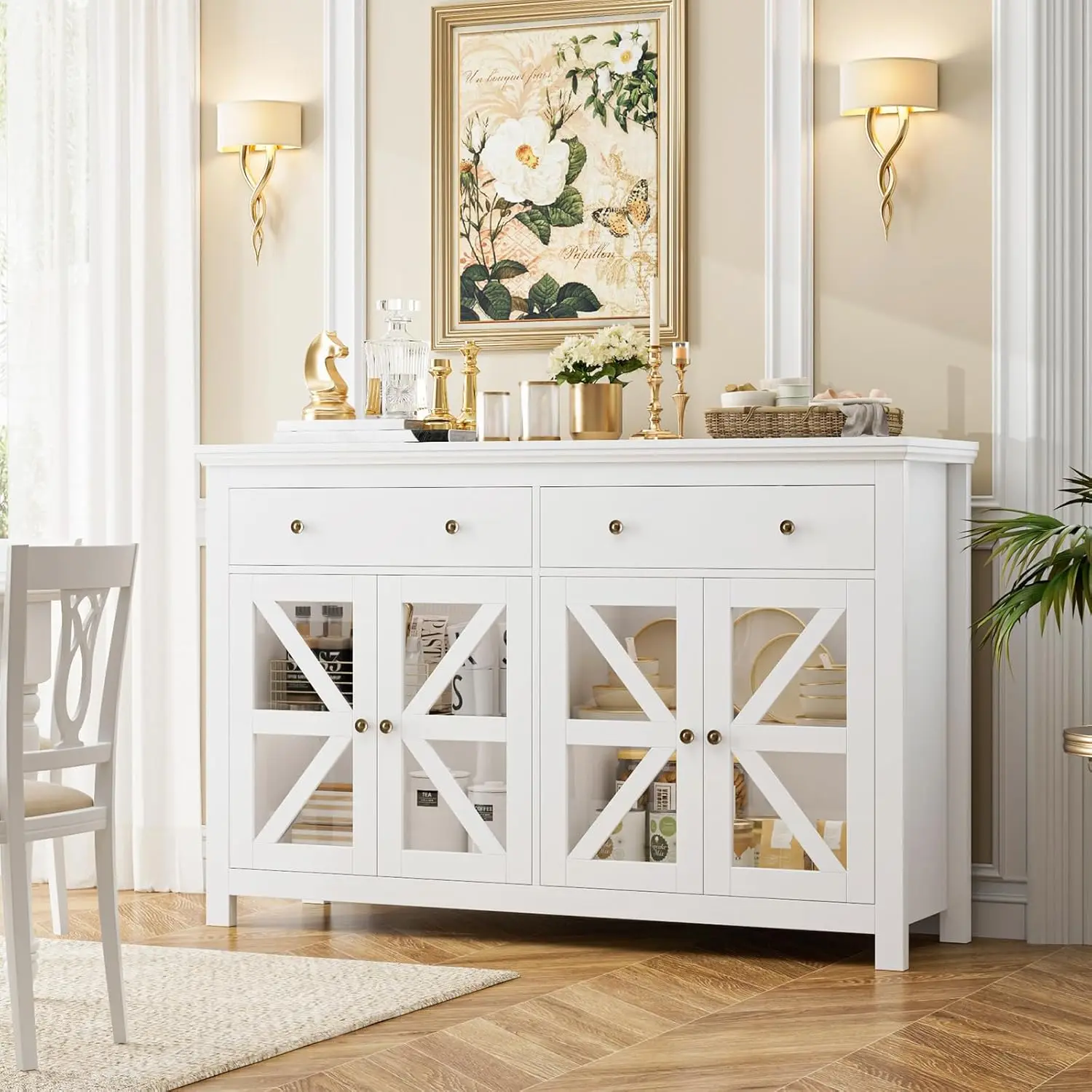 ตู้ไซด์บอร์ดบุฟเฟ่ต์สีขาวขนาดใหญ่พร้อมลิ้นชัก 2 ลิ้นชัก 4 ประตูกระจก – ตู้เก็บของในห้องครัวห้องรับประทานอาหาร