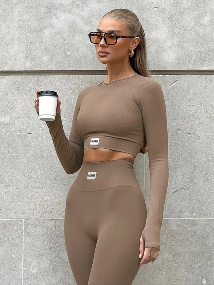 Spring Autumn Black 2 Two Peice Sets Tracksuit Women Outfits Long Sleeve Crop Top Trousers Skinny Sports Yoga Sets Itness Wear
