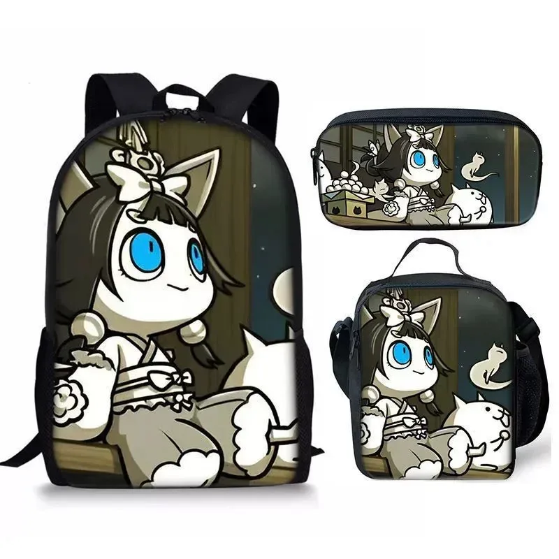 25COSThe Game Battle Cats حقيبة ظهر مدرسية حقيبة غداء مقلمة مجموعة للأطفال الطلاب