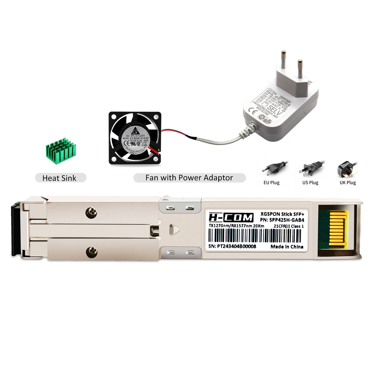 XGSPON ONU Stick SFP+ with Fan, Pre-install 8311 fimrware support IP SN MAC managerment, 10Gb/s SC/APC 1270/1577nm SMF SFP ONT