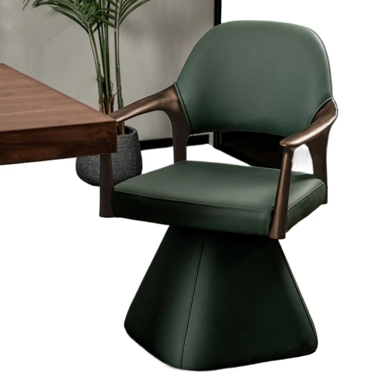 New medieval black walnut leather tea wooden chair, French retro master light luxury rotating book chair
