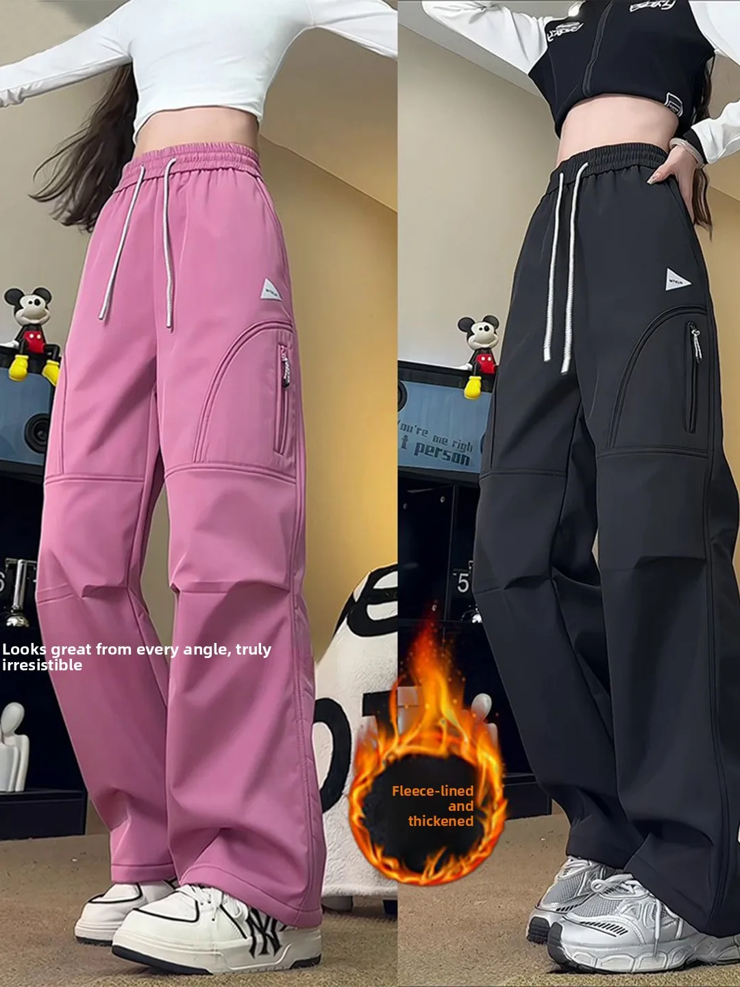 

Thiened Fce Lined Skiing Hiking Pants Men's Winter Outdoor Casual Loose Straight Leg Warm Trousers Polyester Fiber