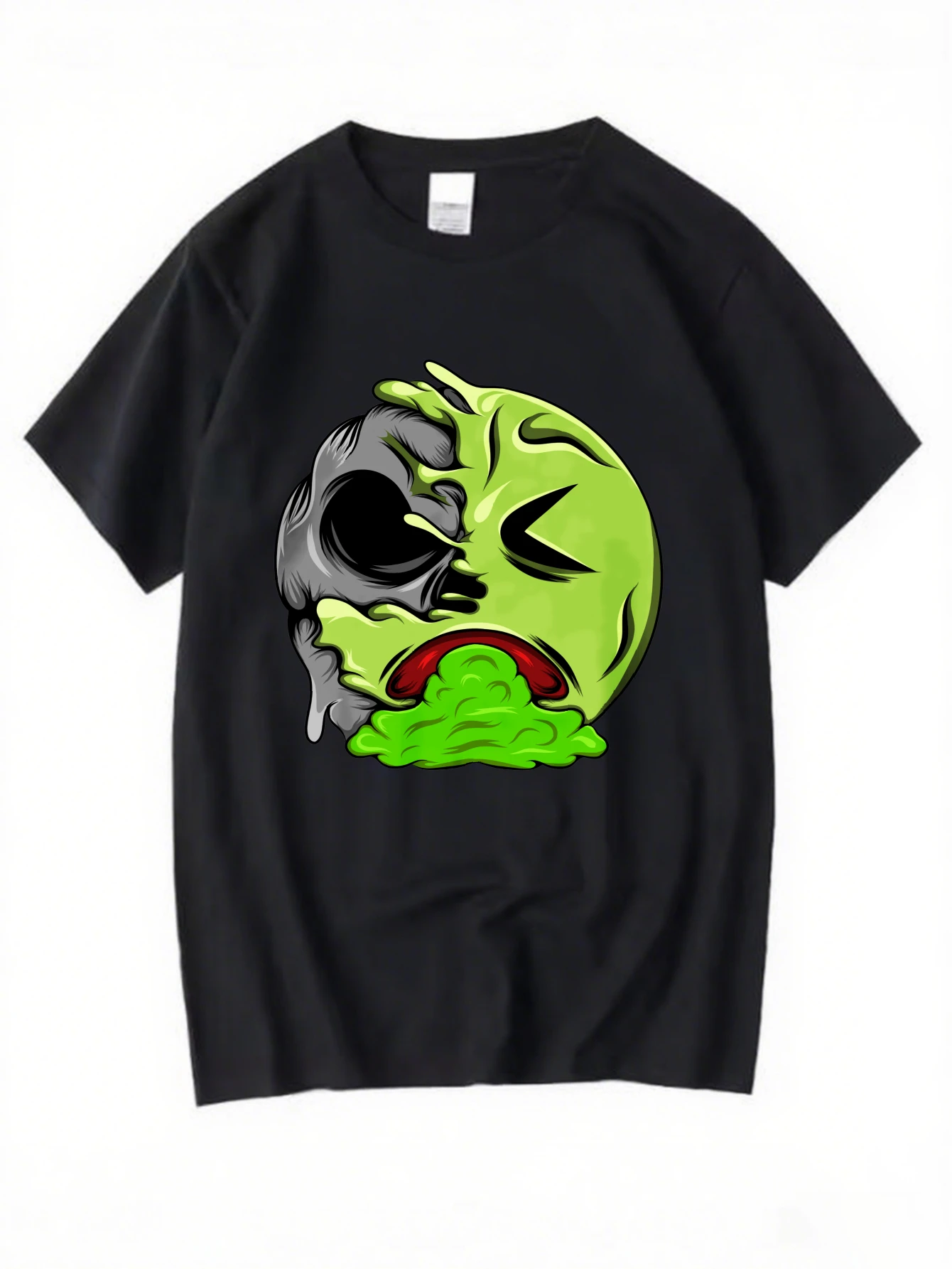 

Vintage Green Alien Face Graphic T-Shirt for Men, Sci-Fi Streetwear Short Sleeve Tee, Alien Head Print Tops