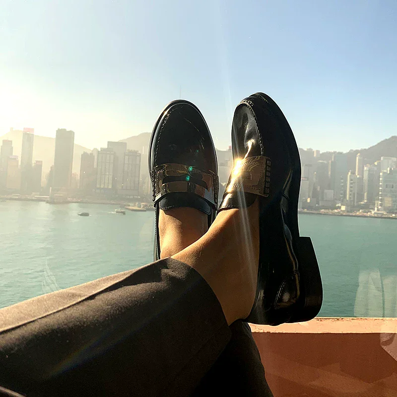Spring and summer round toe shallow mouth ankle metal square heel loafers casual large size small size flat heel men's shoes