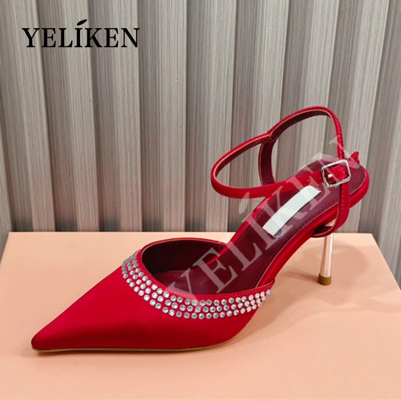 Spring summer women's pointed toe crystal single shoes lady shallow mouth slingbacks high heels designer elegant sexy party shoe