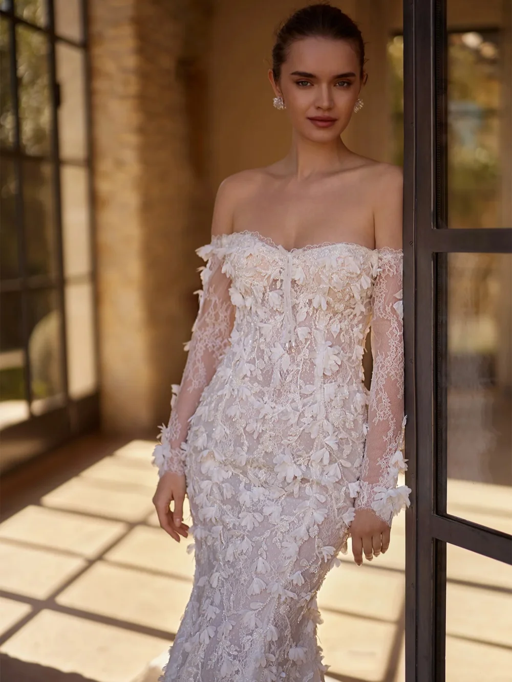 Glamorous Beaded 3D Floral Wedding Dress Dreamy Lace Off Shoulder Bridal Gown 2026 Customized Mermaid Long Dresses For Bride