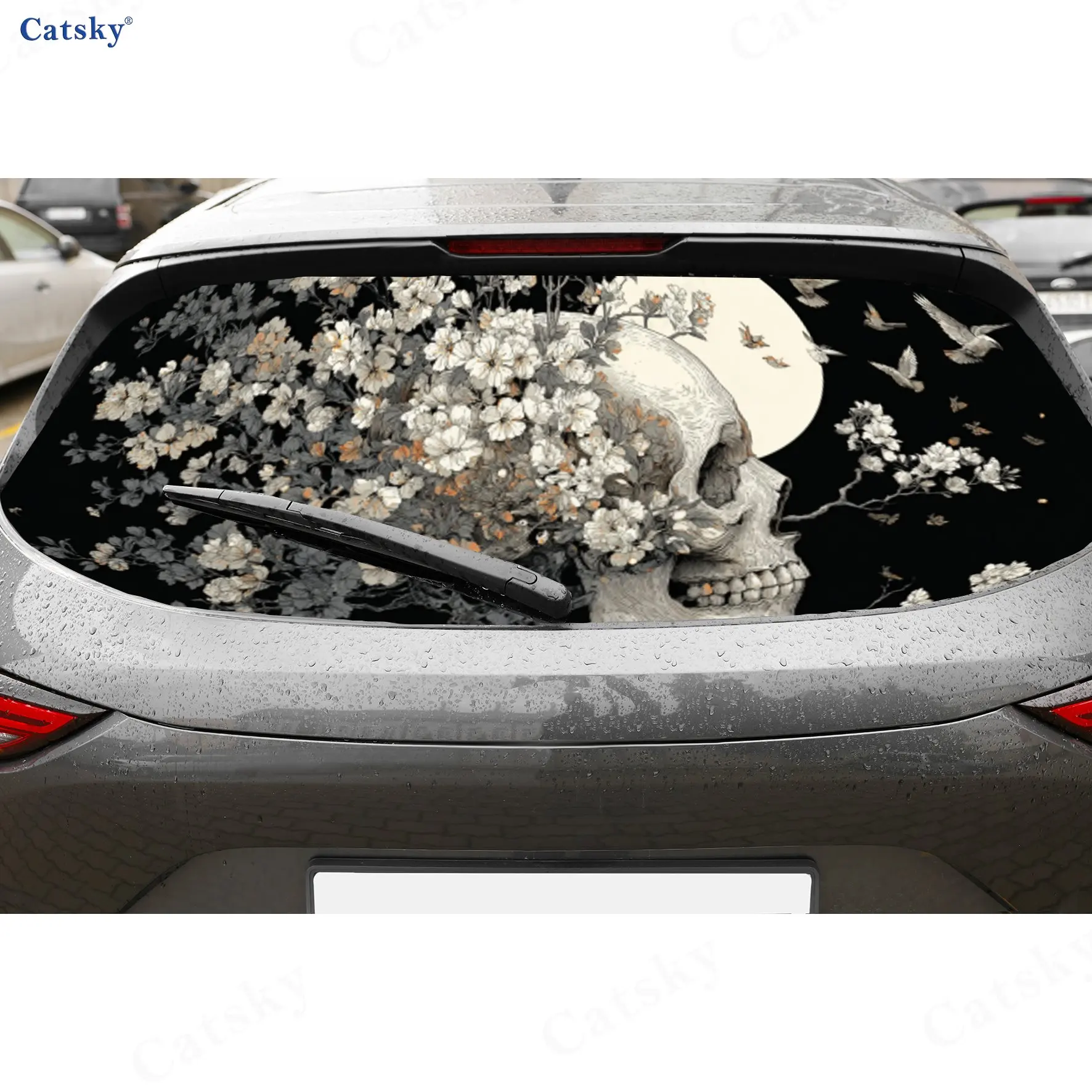 

Moon Flower Skeleton Dark Japanese Style Pattern PVC Perforated Car Vinyl Wraps, Durable Car Rear Windshield Sticker, Waterproof