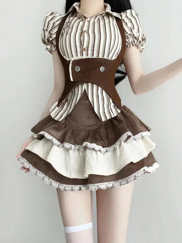 

New Fashion Vintage 3 Piece Sets 2024 Summer Striped Shirt Slim Vest High Waist Lace Mini Skirt Lolita Suit Woman Chic