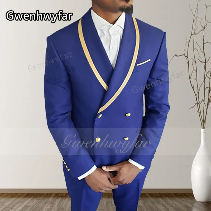 

Gwenhwyfar 2025 New Custom Made Double Breasted Dark Blue Men Suits Casual Male Blazer Slim Fit Groomsmen 2 Pieces Men Clothing