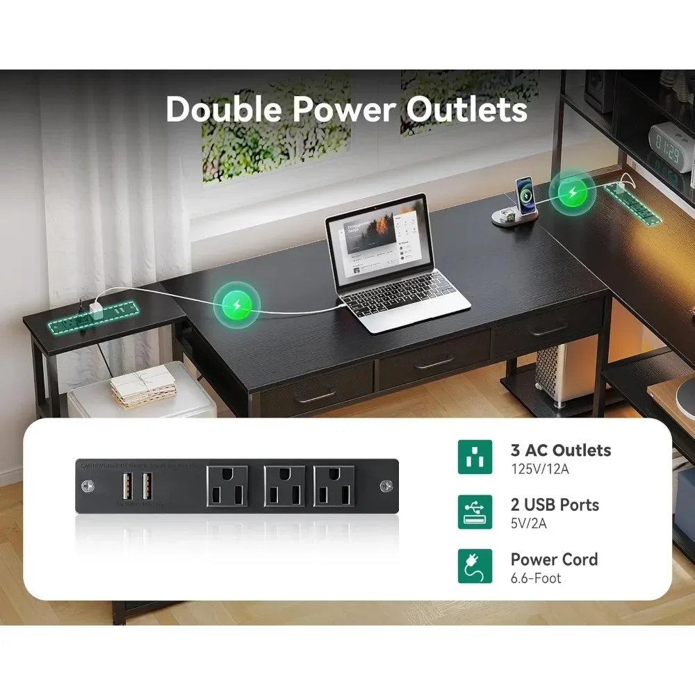 Reversible 79 inch L Shaped Gaming Desk with LED Lights 5 Drawers 2 Power Outlets Storage Shelves Home Office Computer Desk