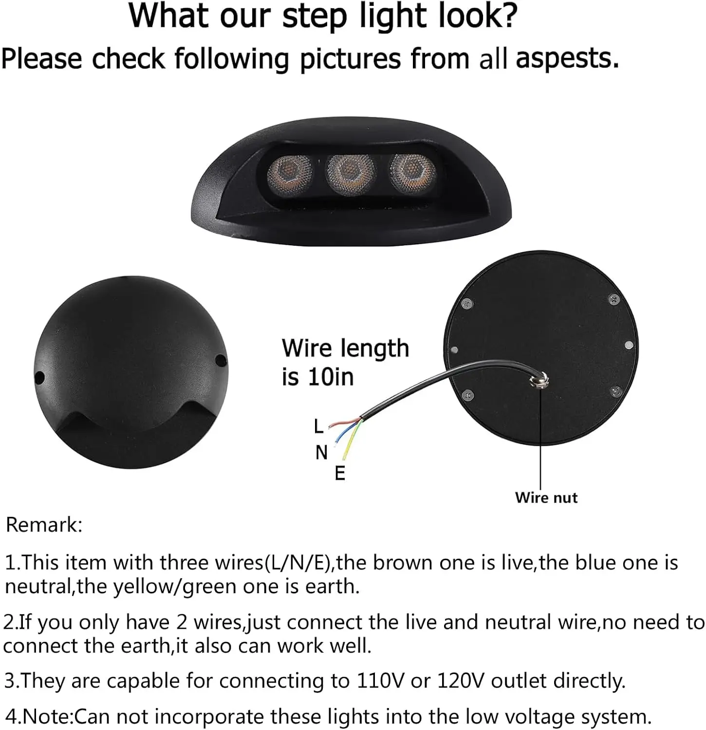 3W Surface Mount Hardwired LED Step Lights 4 Pack 110V-120V Indoor Outdoor Wall Light for Stair Fence Yard Pathway