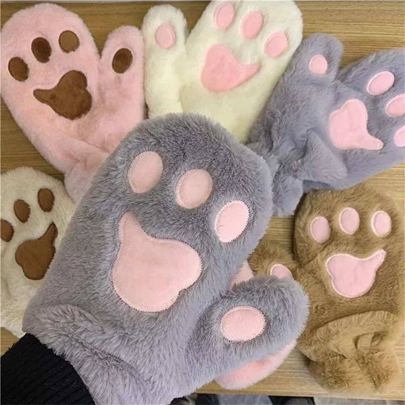 Girls Cute Cat Paw Soft Plush Gloves Winter Thick Warm Hand Glove Women Korean Rabbit Fur Full Finger Casual Riding Mittens