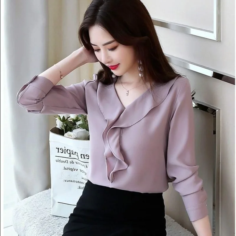 Kemeja Ruffle sifon lengan panjang, atasan blus Wanita Mode elegan perca warna polos leher V lengan panjang musim semi