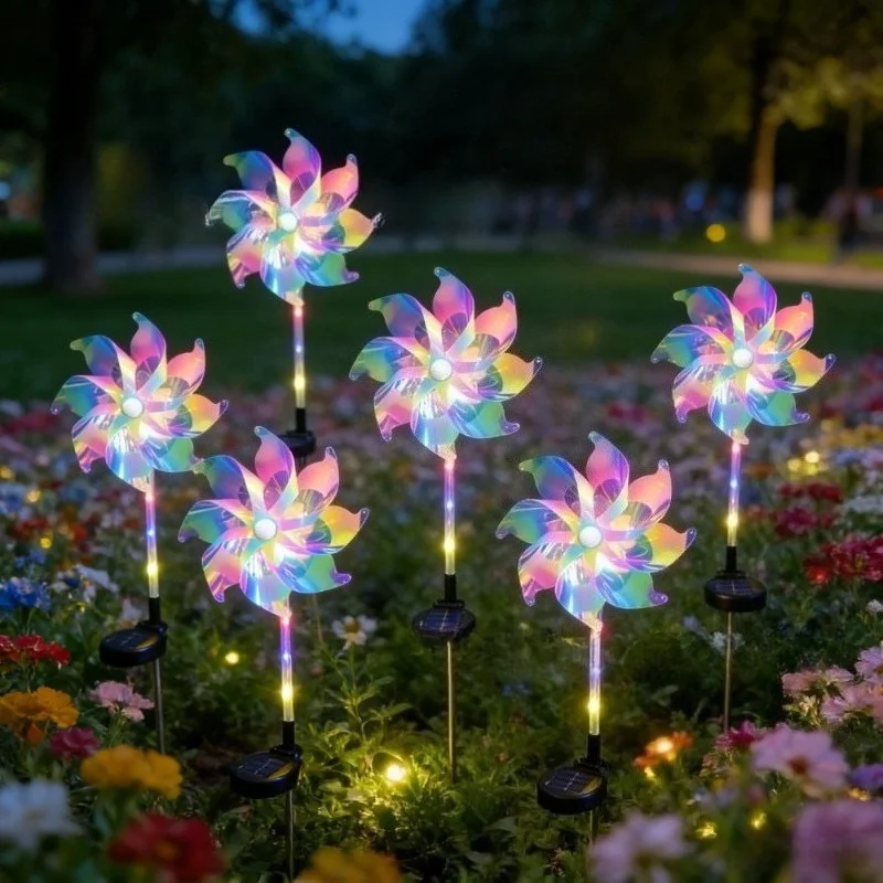 LED Solar Rotating Windmill Flower Light Waterproof Garden Stake Lamp Colorful Landscape Lighting for Courtyard Lawn Pathway