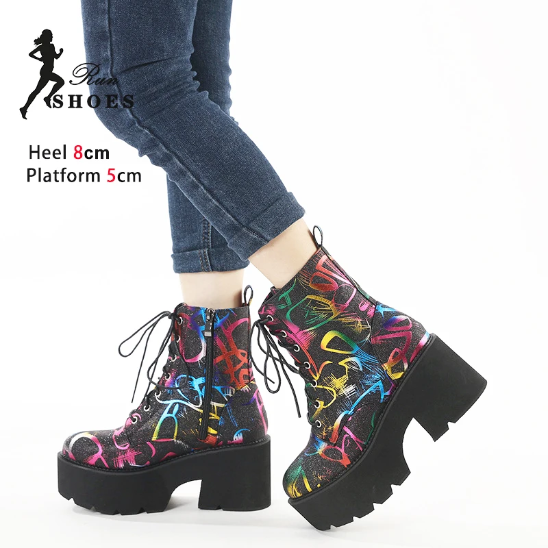 Size 35-43 Winter Boots For Lady 8CM Chunky Heels Fashion Graffiti Ankle Boots Punk Women Shoes Thick Bottom Short Botas Mujer