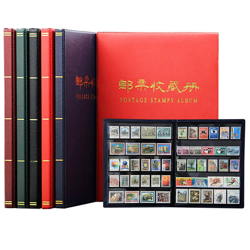 Large Stamp Collection Album Book with 1 2 3 5 Pocket Sleeves Black Page Double Sided Stamp Collecting Storage Binder PU Leather