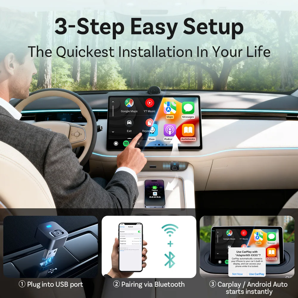 Ottocast Mini 2 Wireless Carplay Adapter Converter Mini CP AA Upgrade Device Wi-Fi6 BT5.4 Dual Channel Plug&Play Smart Pairing
