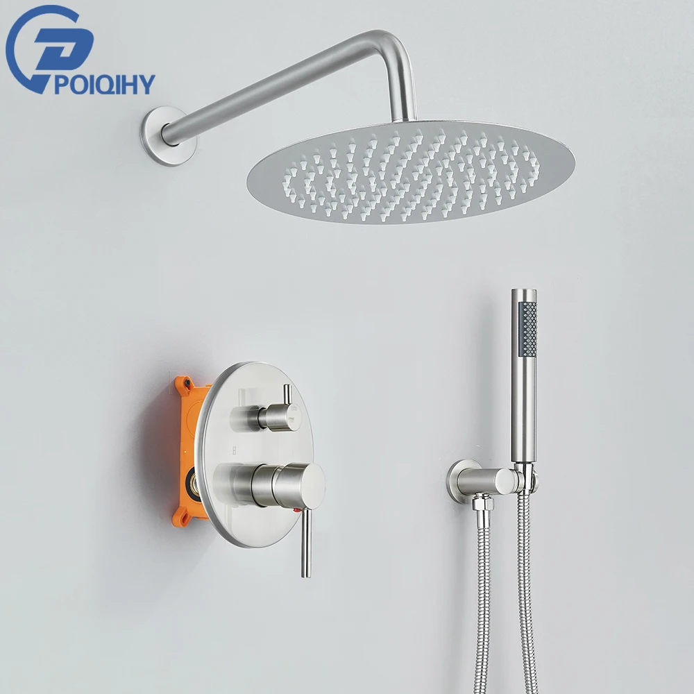 

Brushed Nickel Shower Faucet Embedded In 2 Ways Shower Mixer Wall Mounted Rainfall Bathroom Shower Tap 8 10 12 16" Rainfall Head