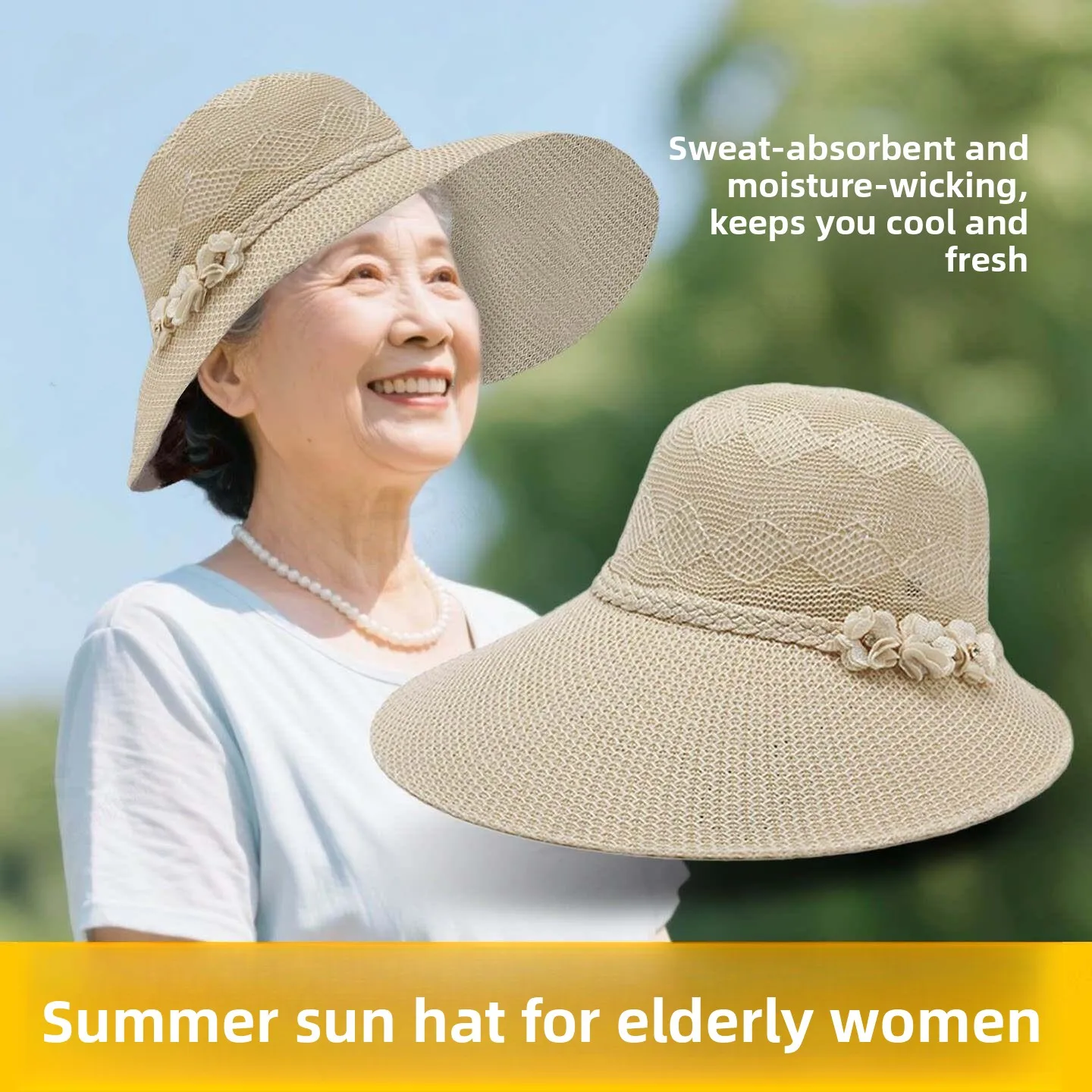 

Women's Summer Breathable Sun Hat Fashionable Large Brim UV Protection Hat for Middle-Aged And Elderly Ladies Casual round Top