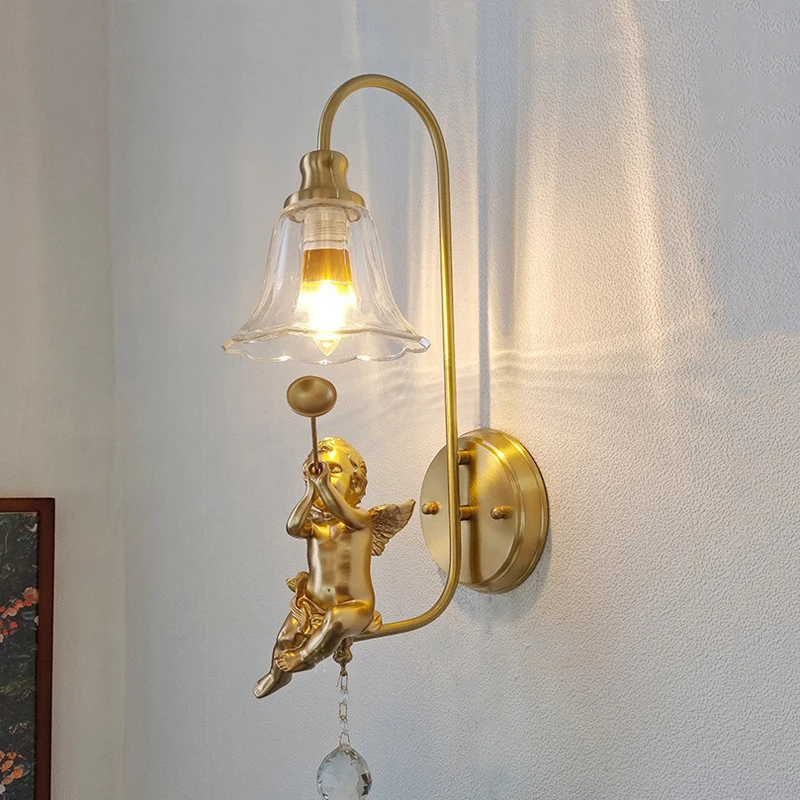 

Full copper French angel bedroom bedside wall lamp American Nordic living room background wall Corridor aisle Glass lamp