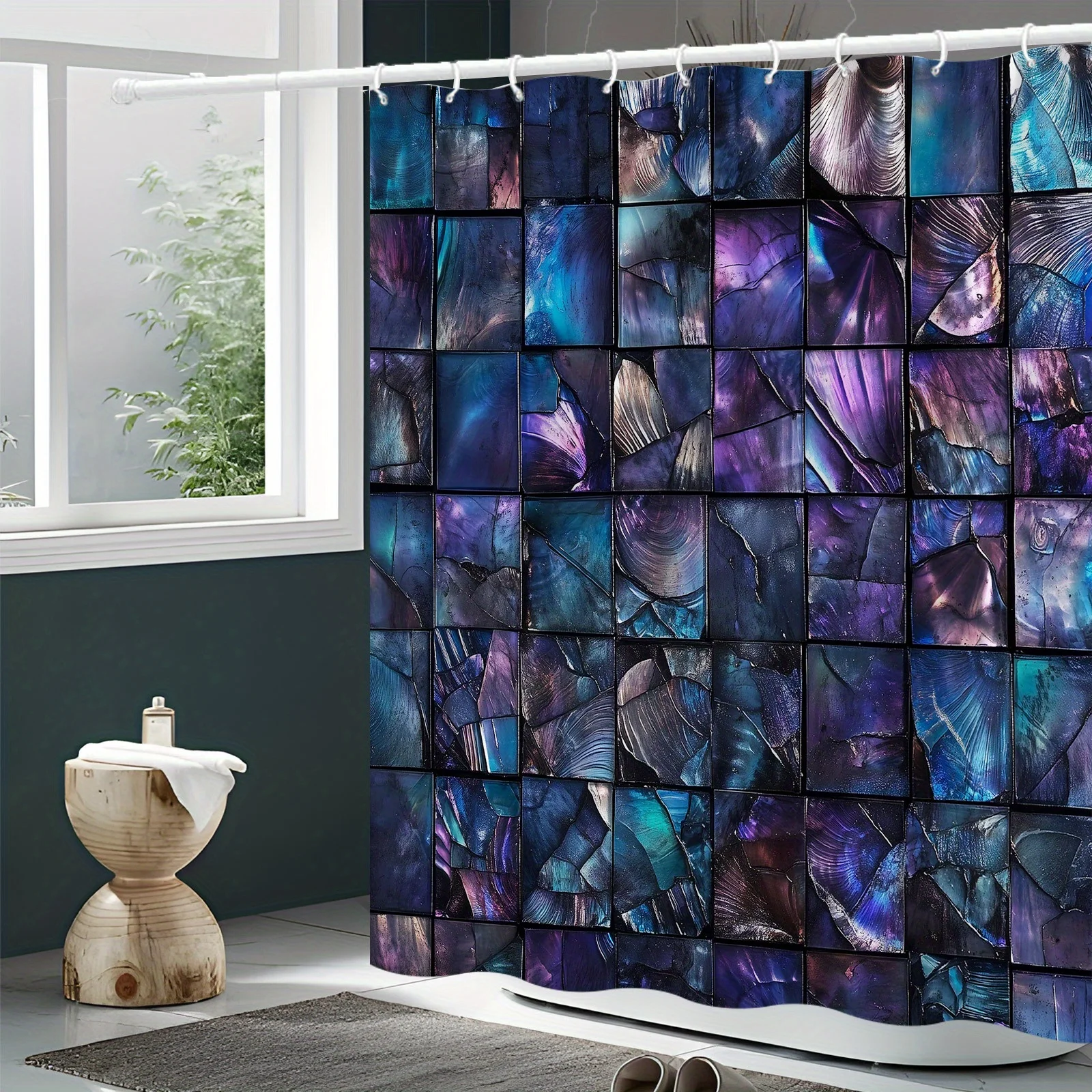 Rideau de bain d'art numérique abstrait, 1 pièce, avec bleu profond irisé, violet et argent, conception de grille de carrelage 3D fascinante