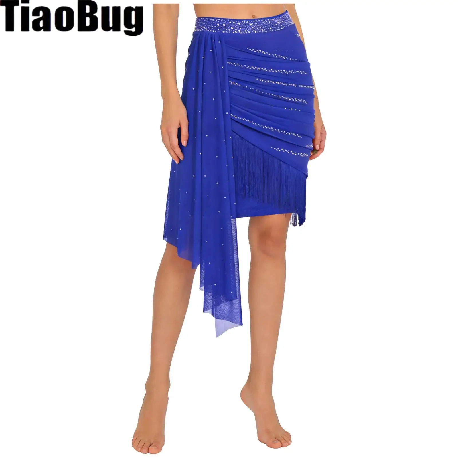 

Женская юбка для латинских танцев с кисточками для сальсы и блестящими стразами, эластичный пояс, сетчатая драпированная юбка со рюшами для выступлений, соревнований
