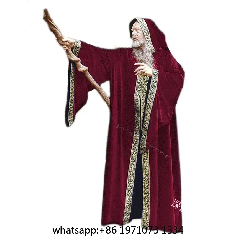 Costume Medieval Cape Cloak Adult Hooded Death Vampire Wizard Monk Witch Costume Priest Pastor Gown Robe