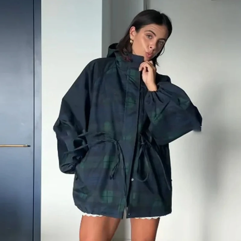

Women Vintage Grid Loose Jacket Oversize Loose Stand Collar Coat Long Sleeve Hoodie Lace Up Outwears 2025 New Lady Streetwears