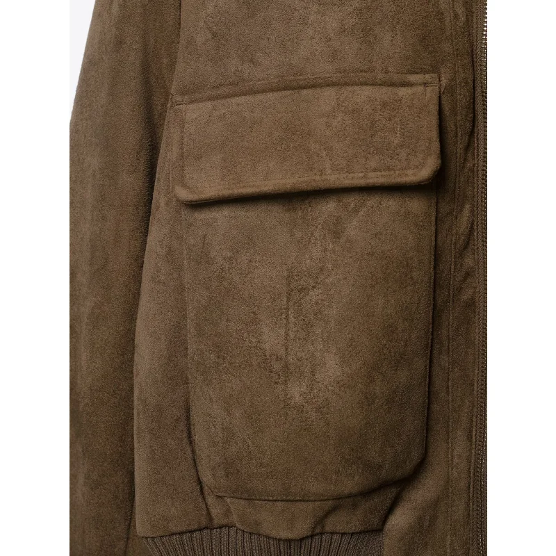 Damen-Jacke aus Wildlederimitat, Herbstkollektion, mit geripptem, hohem Kragen, Reißverschluss, langen Ärmeln und Taschen, kurze Vintage-Oberbekleidung. – Detail 25