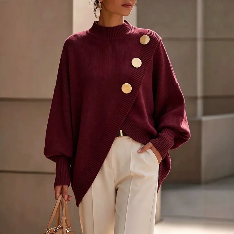 Asymmetrical Knit Sweater Women Long Balloon Sleeve Diagonal Large Button Decoration Loose Pullover Fall Winter Casual Solid Top