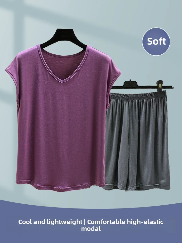 

Modal Sleeveless Home Clothes Set for Women Summer Thin V-neck T-shirt Shorts Large Size Breathable Air Conditioner Vest Pyjamas