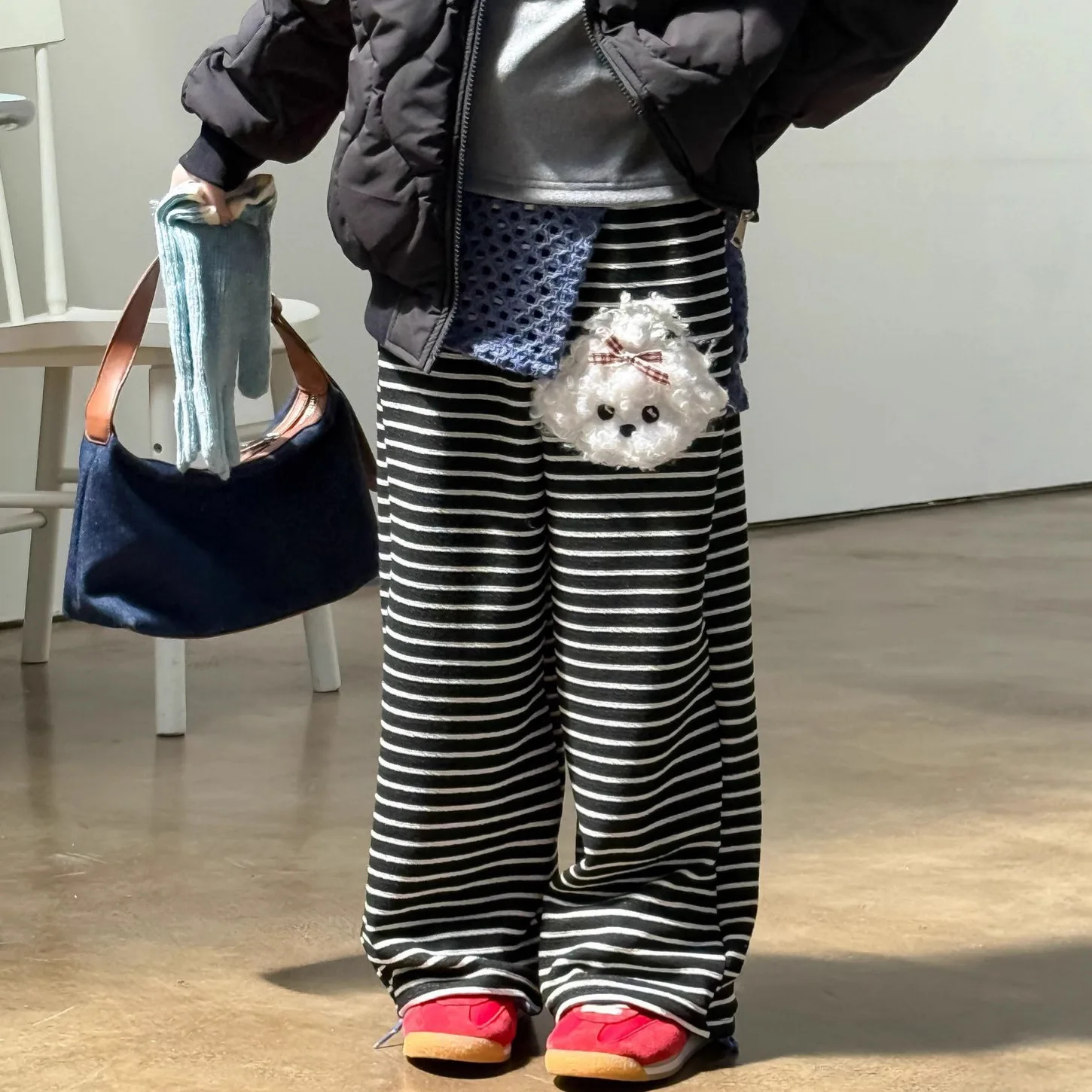 

2-12Y Children Girls Pants Winter Warm Kids Babys Girls Striped Straight Pant Dog Patched Loose Young Teens Girls Wide Leg Pants