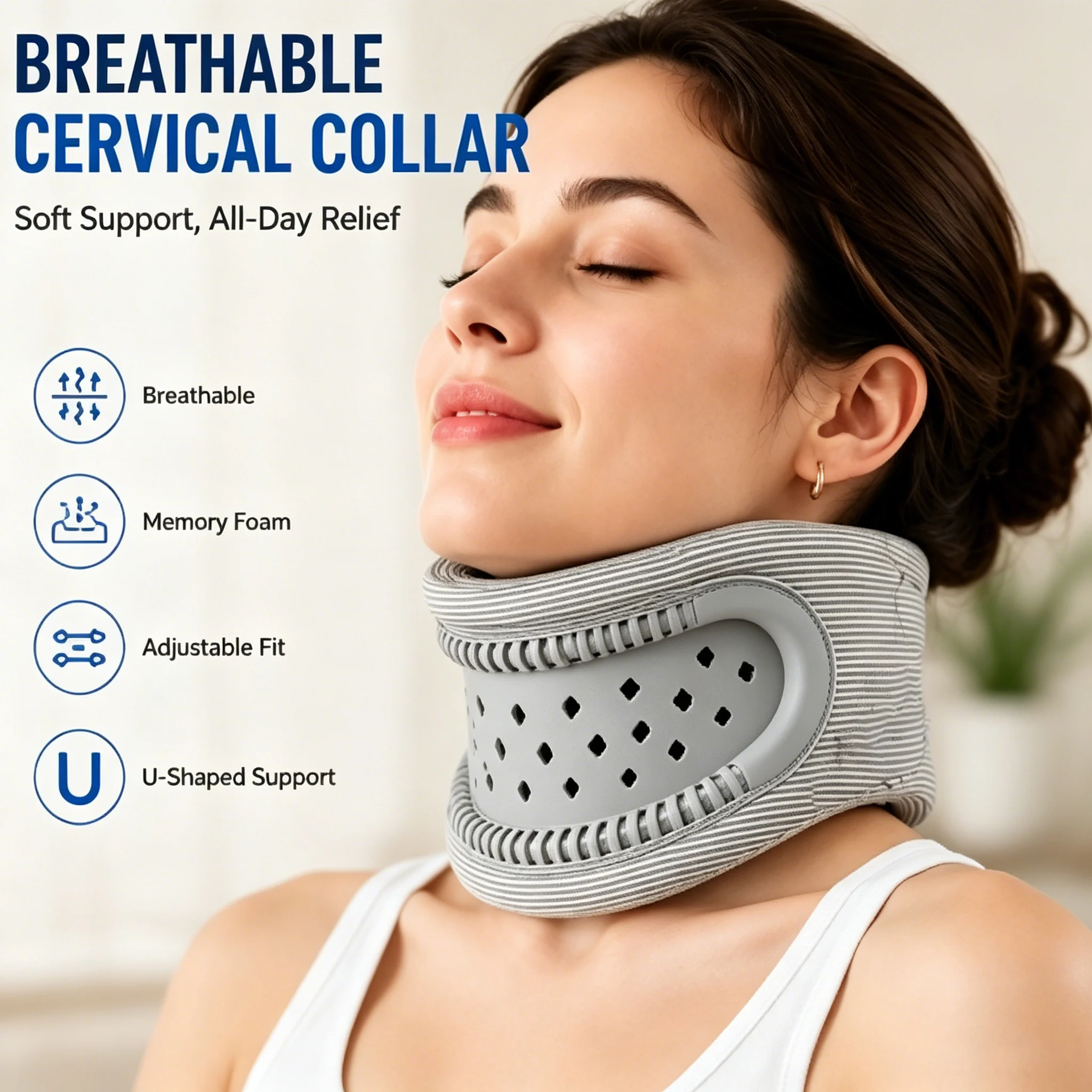 Breathable Cervical Collar Soft Foam Neck Support Brace Adjustable U-Shaped Cervical Stabilizer Office Neck Pain Relief Neck