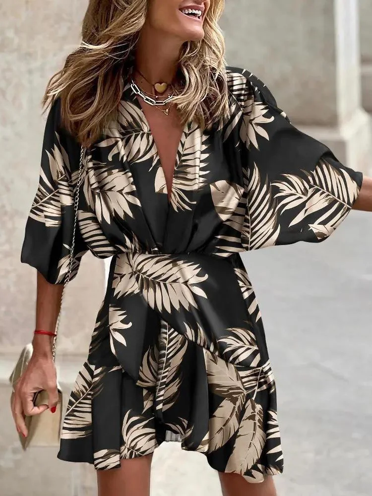 Fashion Print Dress Summer Women Casual Elegant V-neck Ruffled Mini Dress Female 2023 New For Women Robe Femme