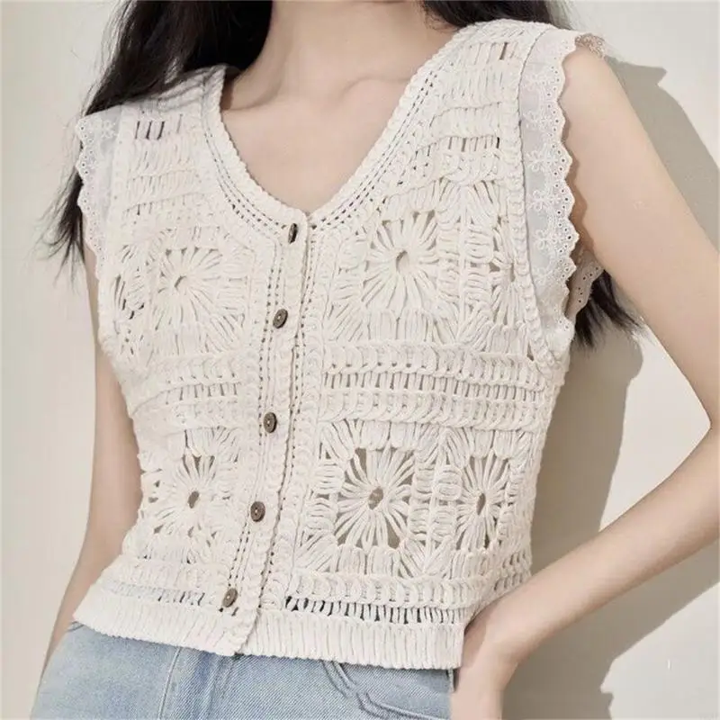 

Y3ne Crochet Flower v Nece Rideveless Contred Cardigan жилет для женского каникула