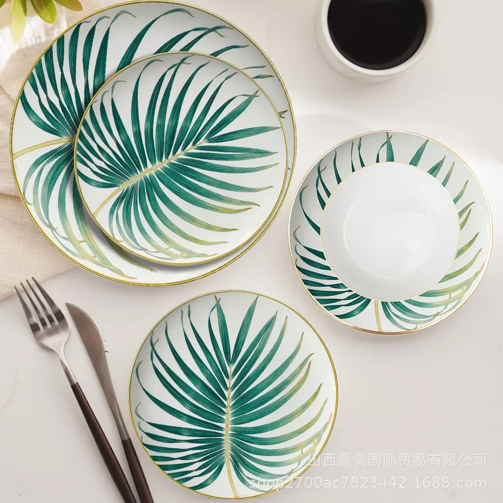 Personality Nordic Western Food Plate Hand-painted Green Plants Pattern Bone China Coffee Tea Cup Ceramic Mug Saucer Decoration