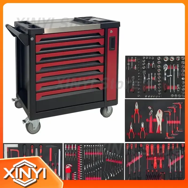 Heavy Duty Rolling Tool Chest with 201PCS Mechanics Tool Set 5-Tray Mobile Workshop Service Cart for Garage Auto Repair for